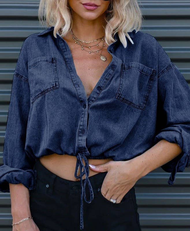 The Chambray Charm Cropped Button-Down