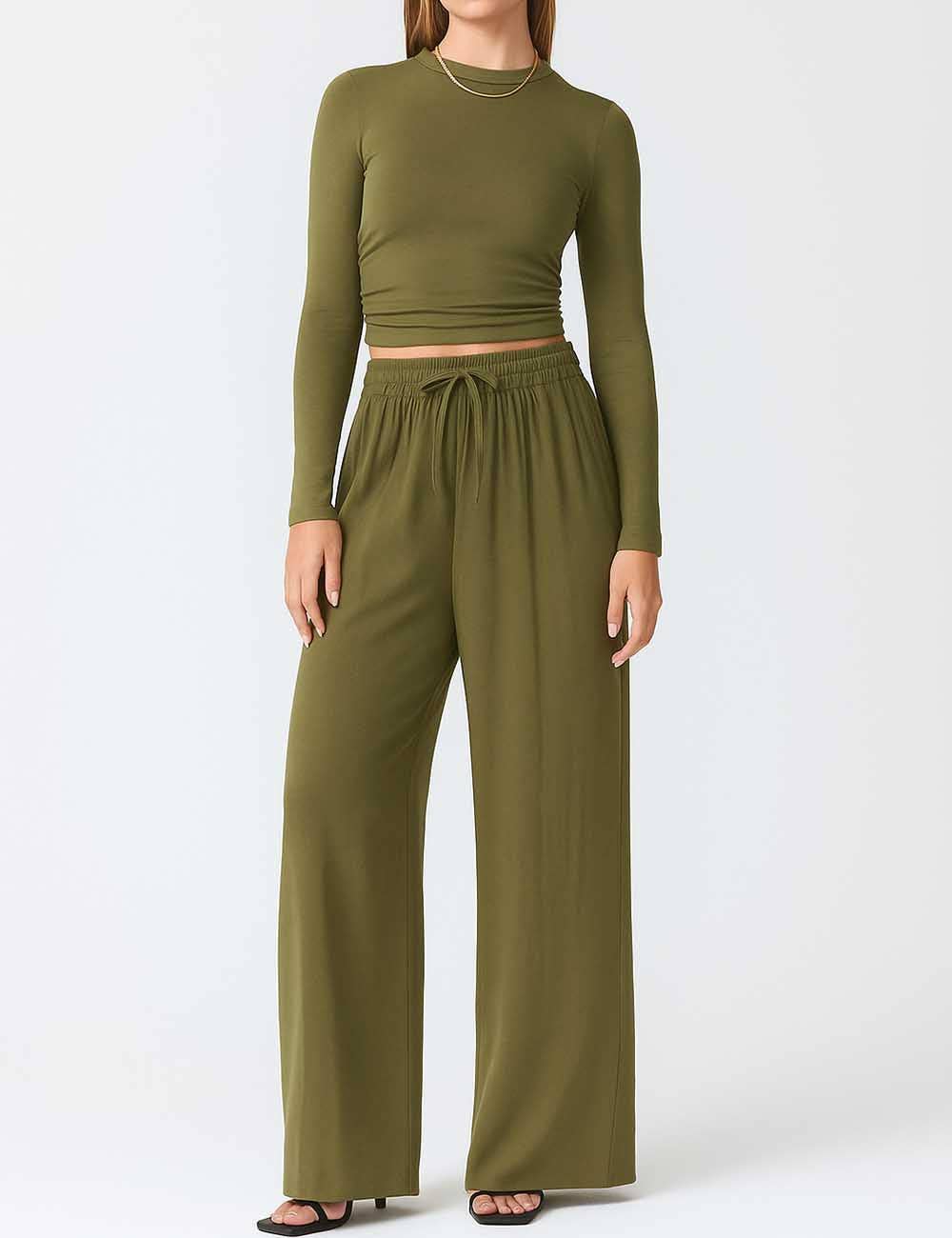 The Effortless Muse Ruched Two-Piece Set - Olive Green