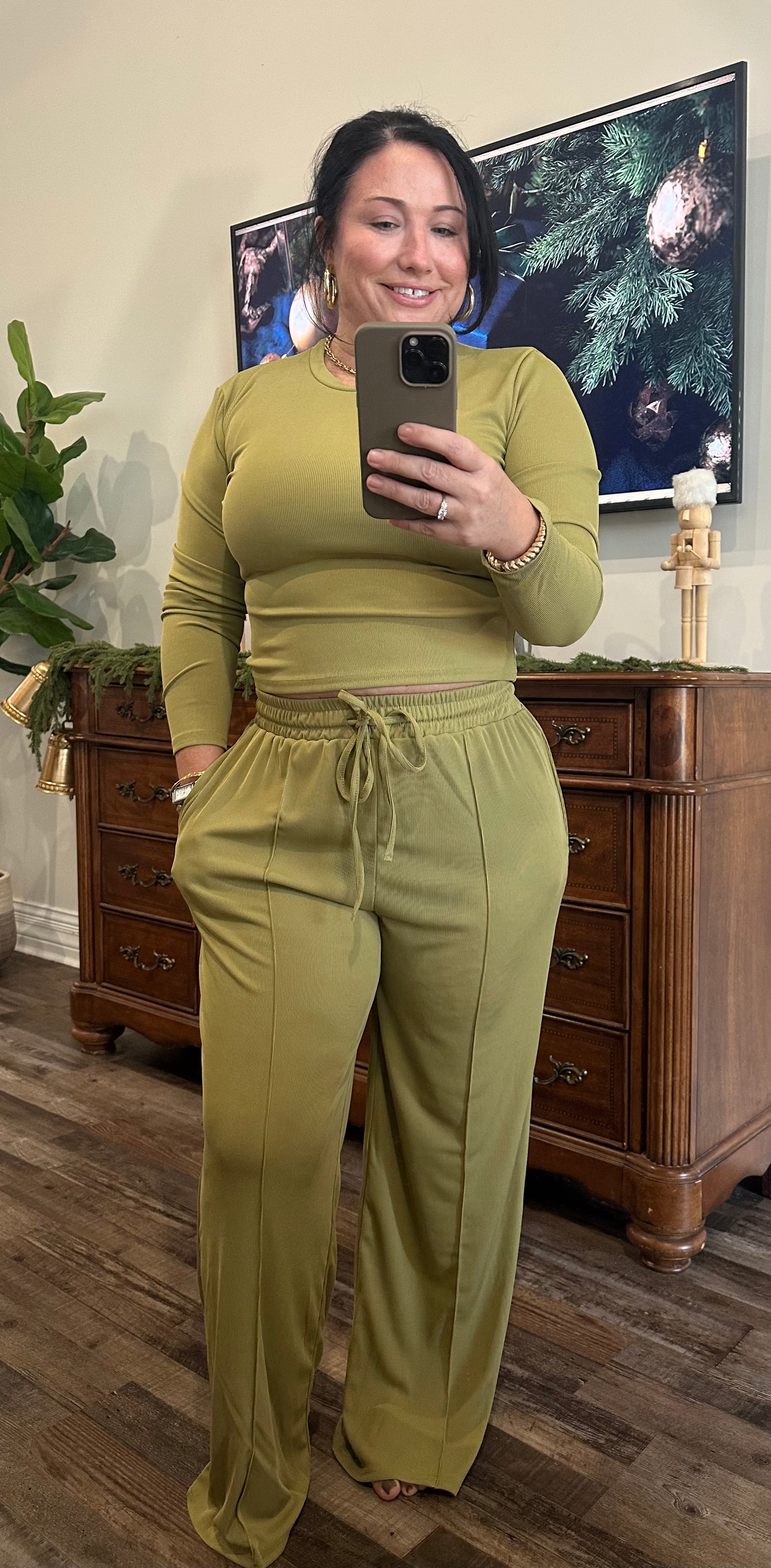 The Effortless Muse Ruched Two-Piece Set - Olive Green