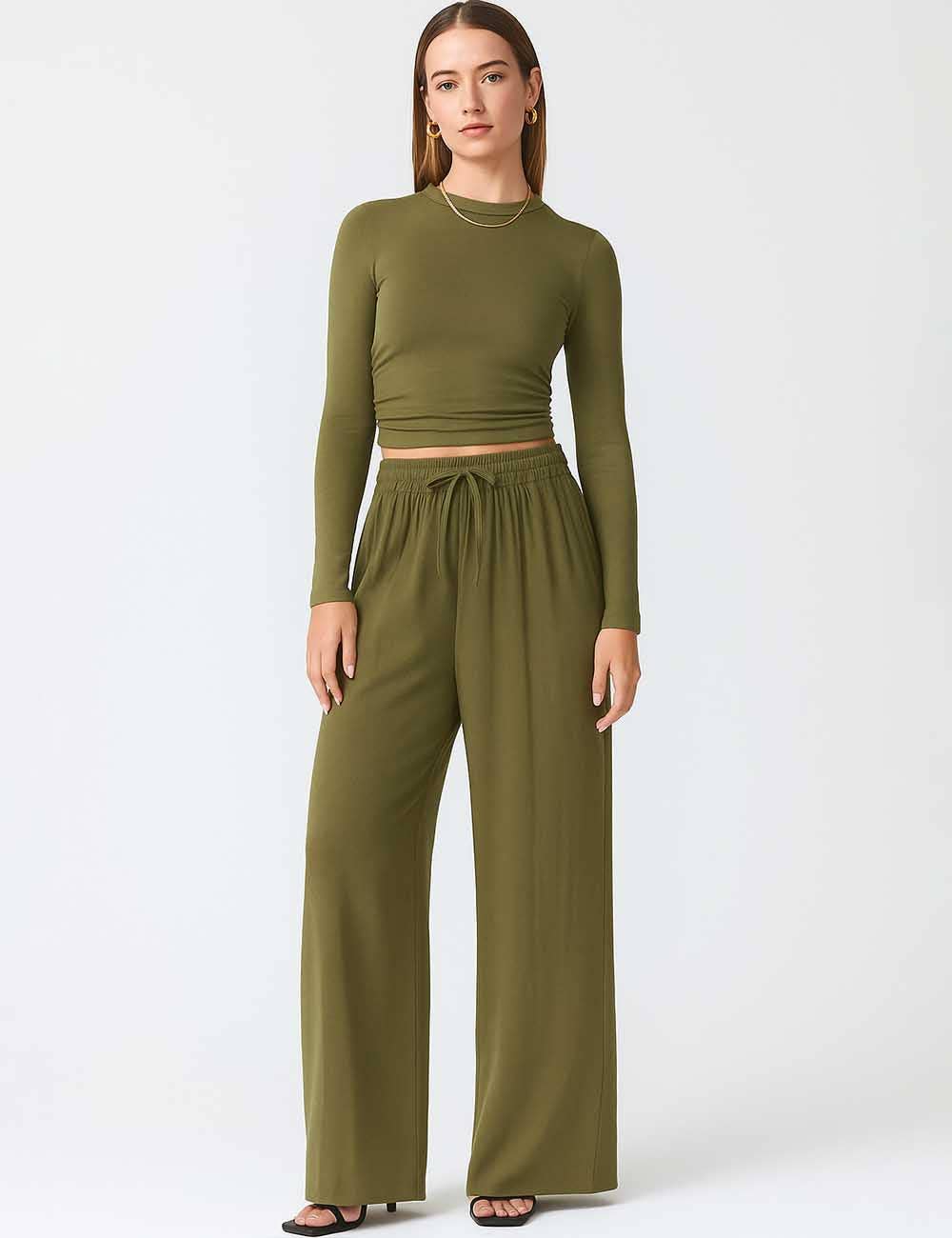 The Effortless Muse Ruched Two-Piece Set - Olive Green